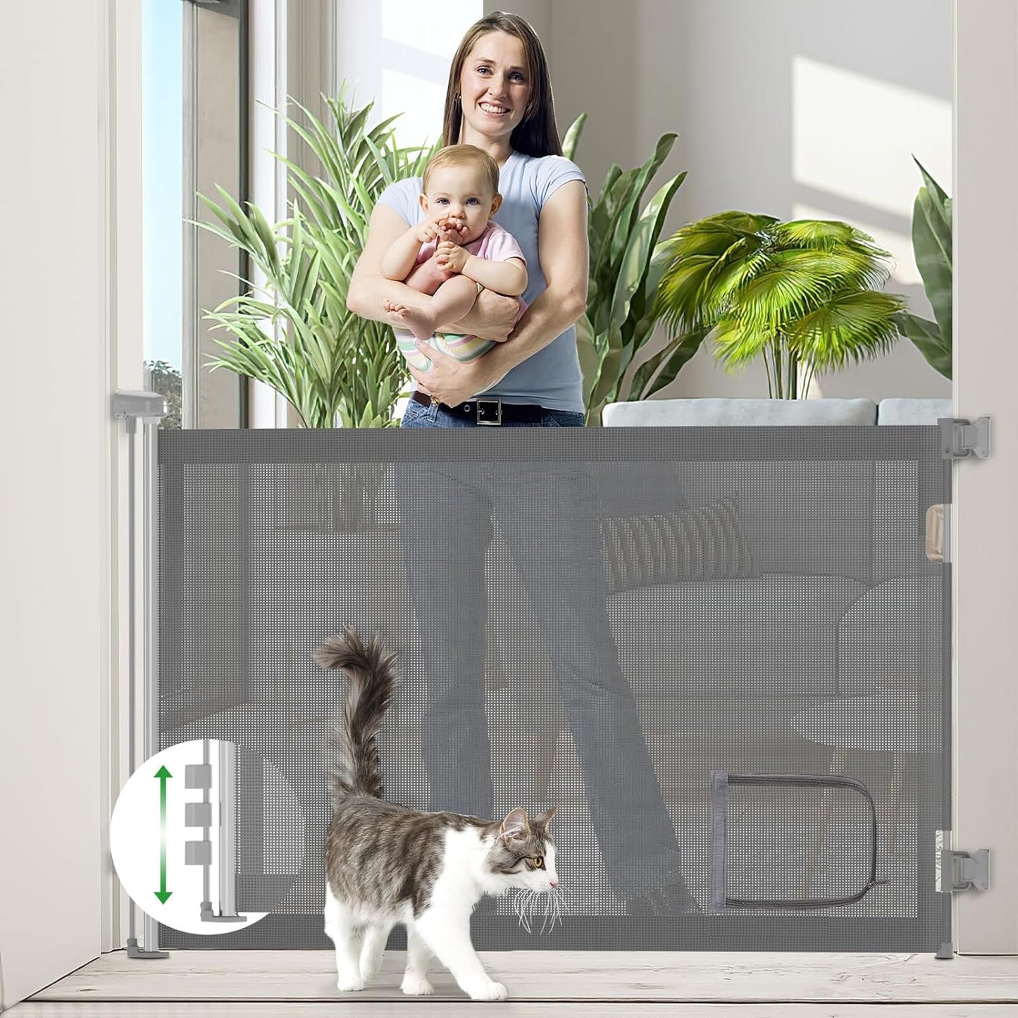 Baby Gate with Cat Door, Retractable Baby Gates for Stairs Avoid Skirting, Extends up to 55" Wide 33" Tall, Mesh Dog Gate for Doorways Hallways, Pet Gate Indoor Outdoor, Safety Child Gate,Grey