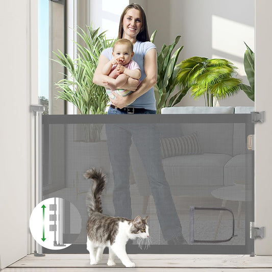 Baby Gate with Cat Door, Retractable Baby Gates for Stairs Avoid Skirting, Extends up to 55" Wide 33" Tall, Mesh Dog Gate for Doorways Hallways, Pet Gate Indoor Outdoor, Safety Child Gate,Grey