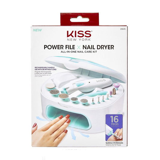 KISS Power File X Nail Dryer All-in-One Nail Care Kit, Cordless Rechargeable Handle, Salon Style Nail Dryer, 12 Interchangeable Styling Attachments, Ergonomic Design, Storage Case, 16 Pcs., 1.14 Lbs.
