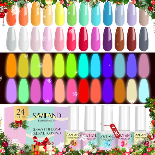 SAVILAND Glows in The Dark Nail Polish Set 24 Holiday Brighrly Colors Luminous Quicking-drying U V Neon Gel Nail Polish Set Reflective Glow Effect Full Coverage Easy to Use Gel Polish Holiday Gifts