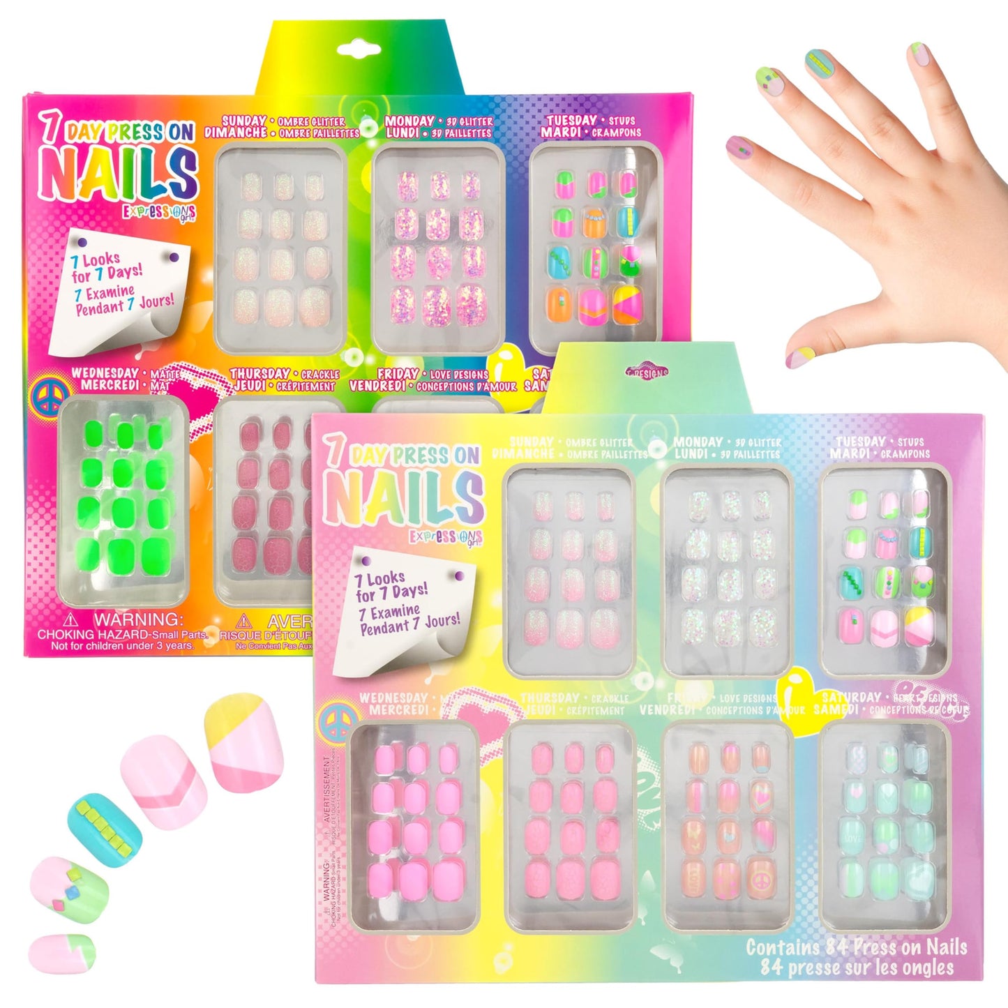 Expressions Girl 7 Day Manicure Collection - 84PC Press On Nail Set, Day-of-The-Week Adhesive False Nails for Girls (Set of Brights or Pastels) – Colorful Novelty Designs Stick On Nails for Kids