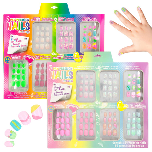 Expressions Girl 7 Day Manicure Collection - 84PC Press On Nail Set, Day-of-The-Week Adhesive False Nails for Girls (Set of Brights or Pastels) – Colorful Novelty Designs Stick On Nails for Kids