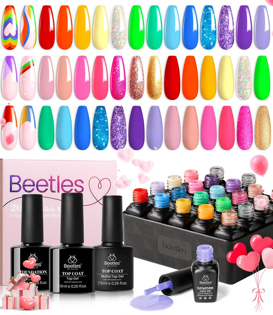 Beetles Gel Nail Polish Set 20 Colors Rainbow Collection 3Pcs Base Top Coat Uv Gel Polish Kit Neon Pastel Bright Pink Red Green Blue Sparkle Glitter Manicure Gift for Girls