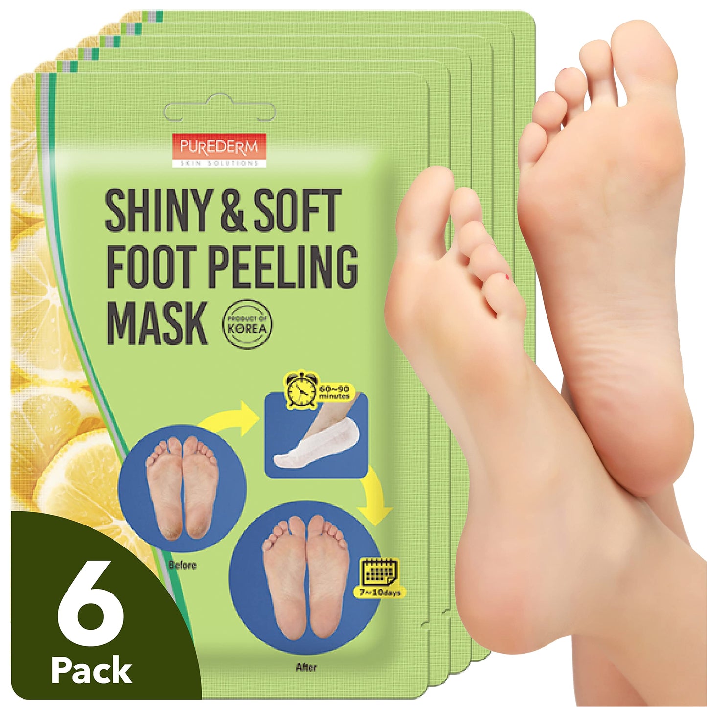 Purederm Shiny & Soft Foot Peeling Mask (6 Pack) – Exfoliating Foot Peel Mask for Calluses, Dry Skin, Cracked Heels, Baby Soft Skin