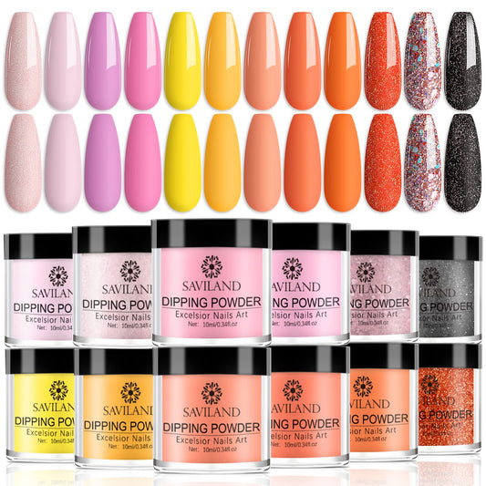Saviland Fall Dip Powder Set - 12 Colors Nail Dip Powder Pink Red Orange Hot Glitter Dip Nail Powder French Manicure Starter Kit No Need Nail Lamp Halloween Thanksgiving Gifts for Girls
