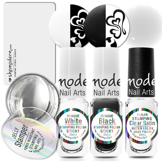 SheModern JELLY STAMPER, CLEAR SEALER, STICKY BLACK, STICKY WHITE Stamping Polishes For Nail Art Design and Stencil Scraper Collection. Tacky Surface for Easy Adhere of Pigment and Glitter