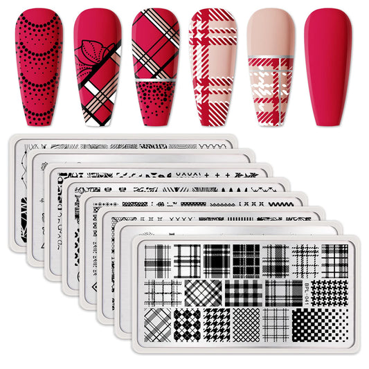Born Pretty Nail Stamping Plates Set New Year Nail Art Image Plates Snow Plaid Flowers Leaves Lace Stamp Templates Kit Image Manicuring DIY Printing Tools 8PCS