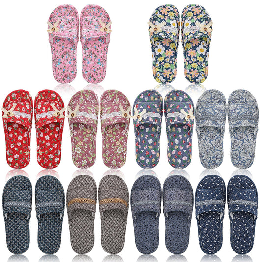Chuarry 10 Pairs Floral House Slippers for Guest Women Washable Indoor Open Toe Slippers Comfortable Soft Cotton Linen Slippers Portable Foldable Slippers for Hotel Travel Airplane Spa, 2 Sizes