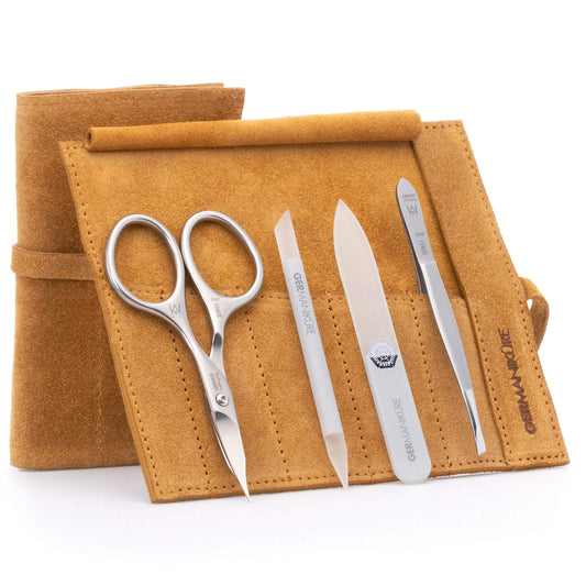 GERMANIKURE 4pc Mini Professional Manicure Set in Mustard Yellow Suede Case - FINOX Stainless Steel Tools Made in Solingen Germany, Glass Nail Care Supplies Made in Czech Republic