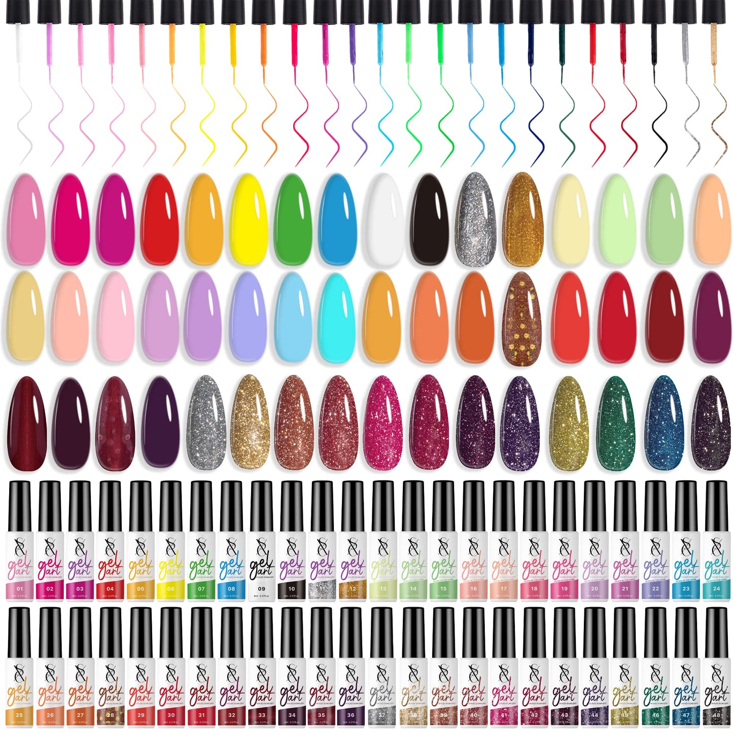 SXC Cosmetics Gel Liner Nail Art Set of 48 Colors Series Paint Polish for Swirl Nails with Built-in Thin Brush in Bottle Soak off Painting Drawing designs