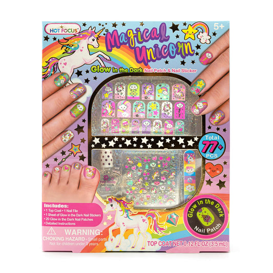 Hot Focus Unicorn Nail Kit – Kids Nail Polish Set for Girls Ages 5 6 7-12 with 77+ Pieces, Spa Kit, Nail Art Decoration Set, Glow-in-the-dark, Stickers, and Water-Based Polish - Girls' Nail Kit.
