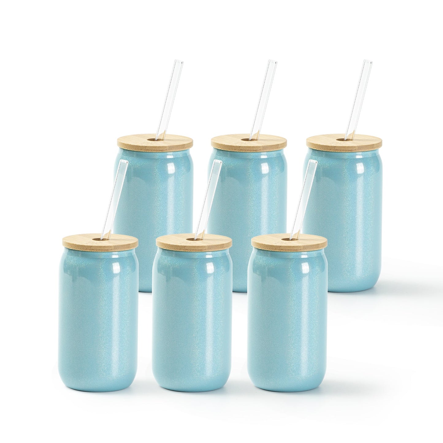 Sublimation Iridescent Glass Can Tumbler Glitter 4 Colors with Bamboo Lid and Glass Straw 13 OZ 6 Pack