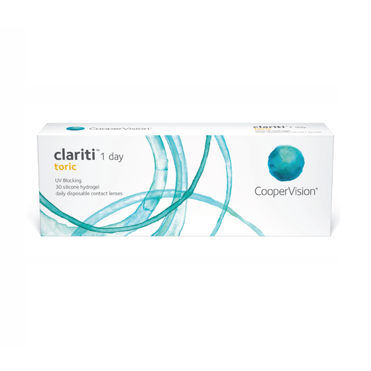 Clariti 1-day Toric astigmatism contact lens - v sense optics coopervision daily disposable silicone hydrogel UV blocking comfort breathability wetting ability wear on eye cornea clear sharp vision sphere prescription
