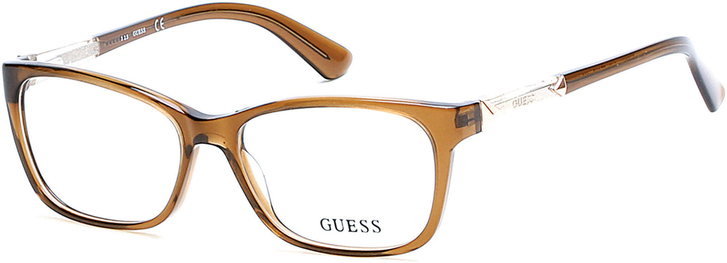 guess 2561 prescription optical eyewear glasses ladies women female acetate plastic classic traditional standard rectangular shape bold conservative 045 shiny transparent light brown