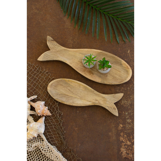 Set of 2 Carved Wooden Fish Platters
