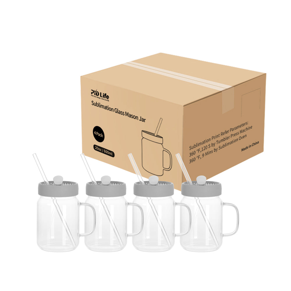 Sublimation Glass Mason Jar Frosted White or Clear with Handle, Gray Silicone Lid and Glass Straw  20 OZ 4 Pack