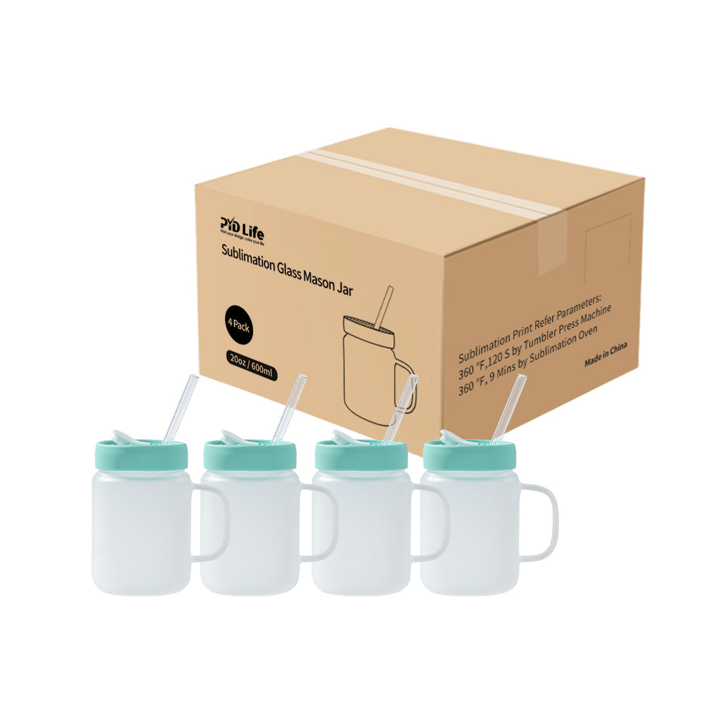 Sublimation Glass Mason Jar Frosted White or Clear with Handle, Mint Green Silicone Lid and Glass Straw 20 OZ 4 Pack