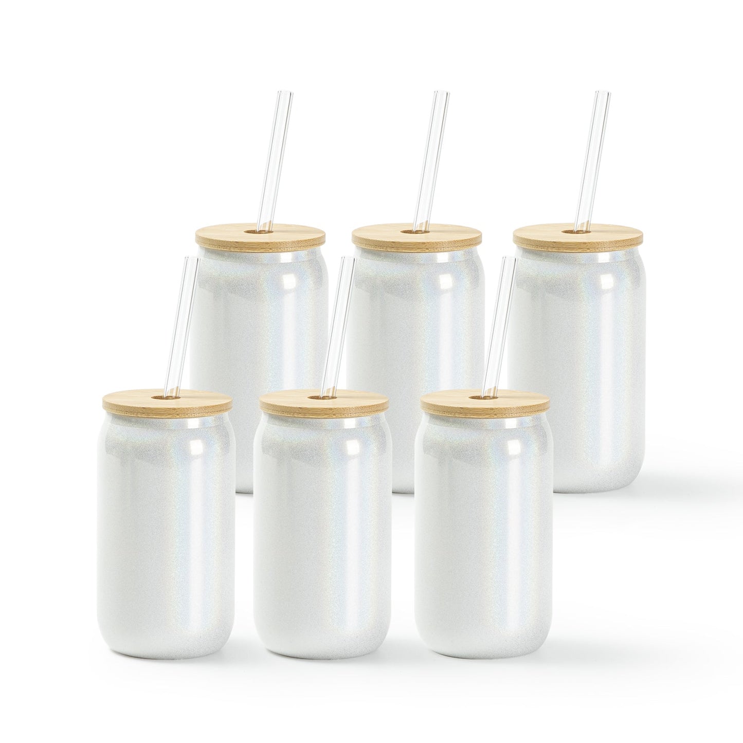 Sublimation Iridescent Glass Can Tumbler Glitter 4 Colors with Bamboo Lid and Glass Straw 13 OZ 6 Pack