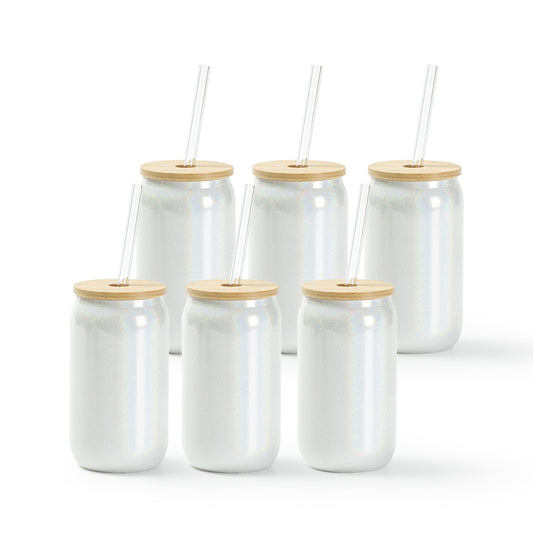 Sublimation Iridescent Glass Can Tumbler Glitter 4 Colors with Bamboo Lid and Glass Straw 13 OZ 6 Pack