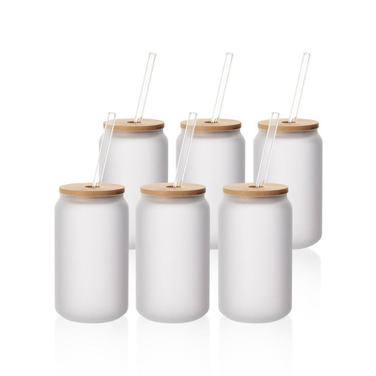 Sublimation Glass Beer Can Frosted White Or Clear with Bamboo Lid and Glass Straw 13 OZ 6 Pack