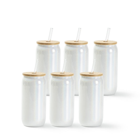 Sublimation Iridescent Glass Can Tumbler Glitter Color with Bamboo Lid and Glass Straw 18 OZ 6 Pack