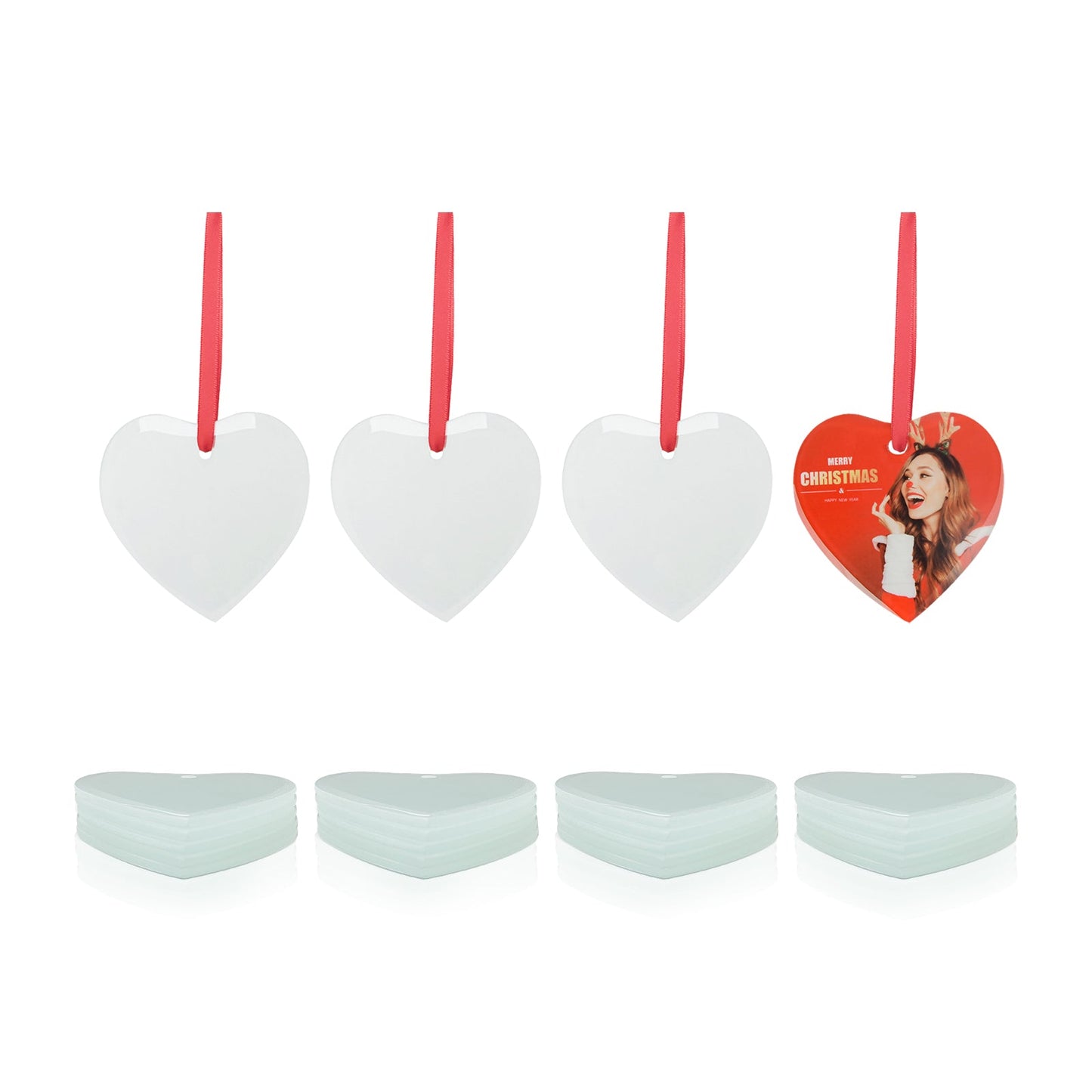 Sublimation Glass Ornament with Red Ribbon 3 Inch Heart 24 PCS