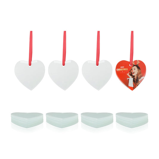 Sublimation Glass Ornament with Red Ribbon 3 Inch Heart 24 PCS